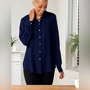 Susan Graver Blue Long Sleeve Button Down Shirt